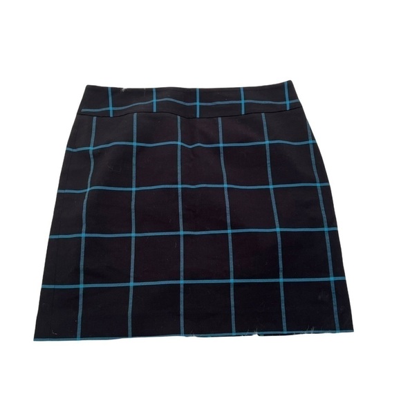 Loft A-Line Shift Skirt Black Teal Window Pane Plaid - Picture 1 of 9